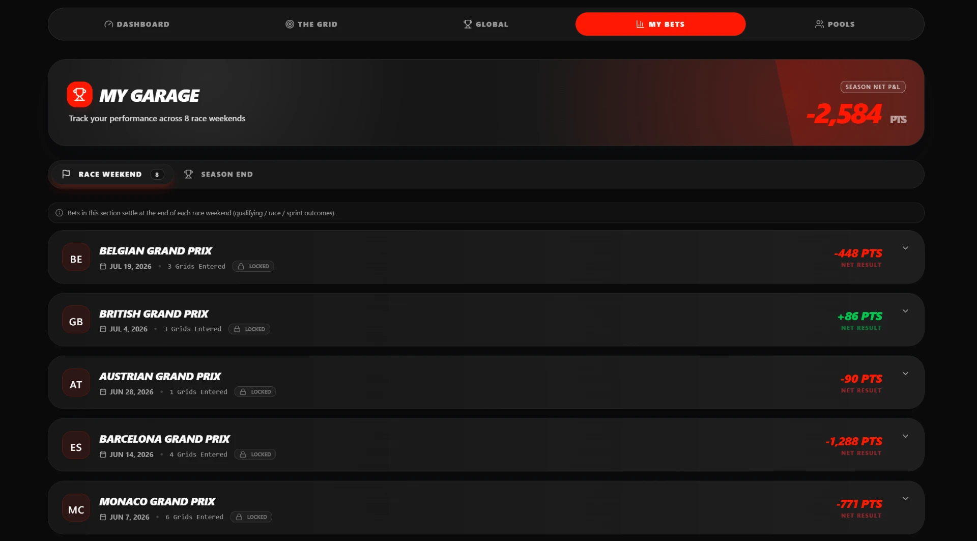 FR1Bet My Bets screen showing tracked entries